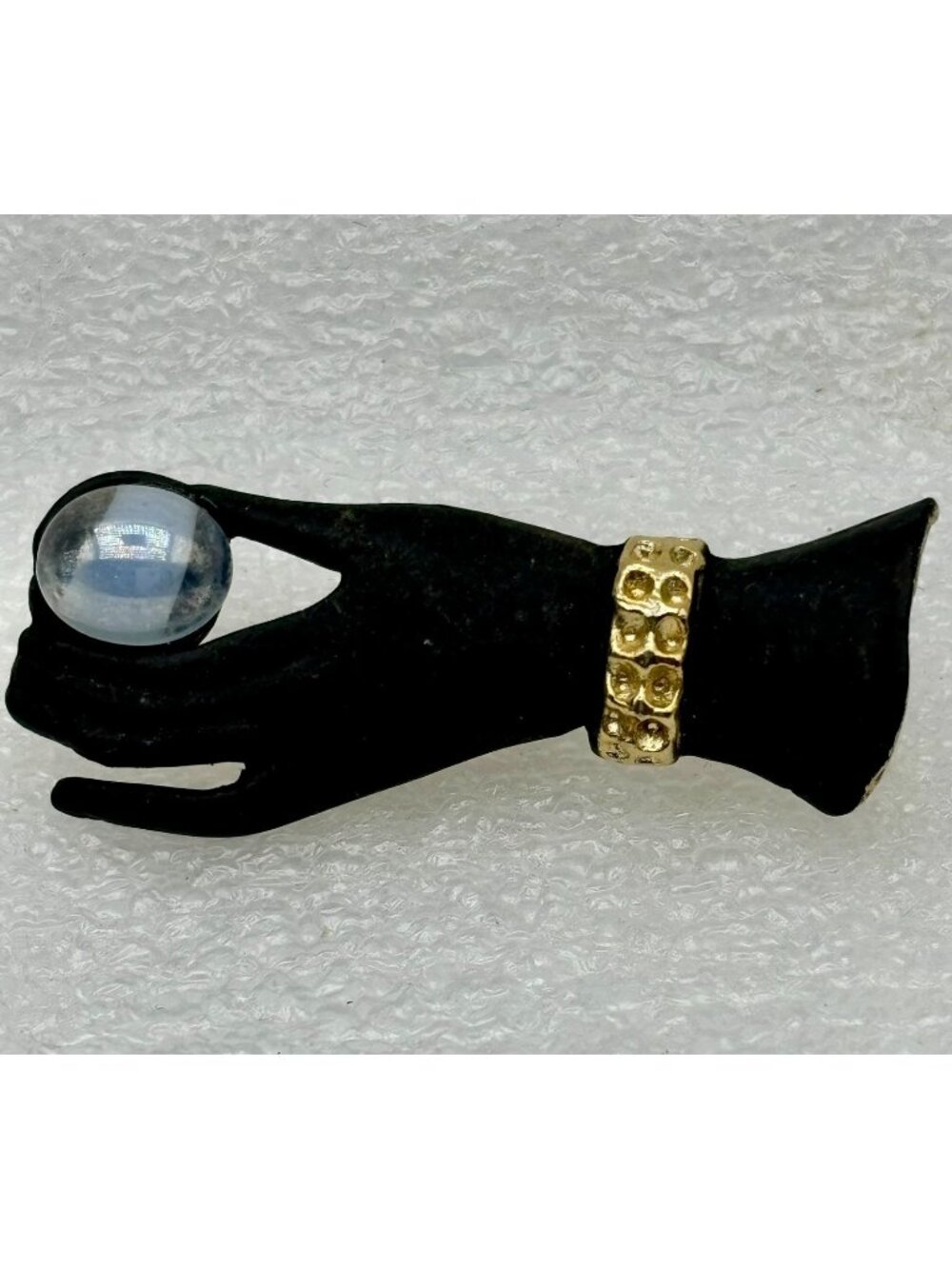 1980s Figural Enamel Hand Holding Moonglow Cabochon Brooch
